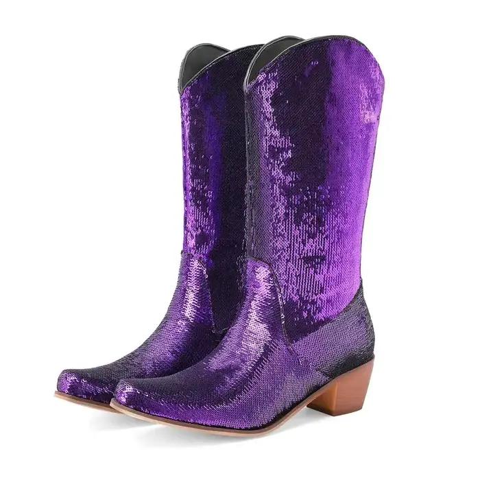 Femmes mi-mollet bottes bout incurvé Bling Bling paillettes brillant violet vert rose bottes occidentales talons épais Cowboy hiver Botines