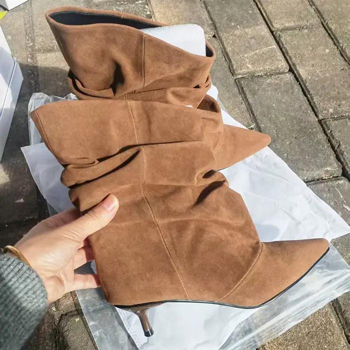 bottines élégantes pour femmes bout pointu avec talon épais daim de vache semelle en caoutchouc pour l'hiver occasions spéciales style rétro chic