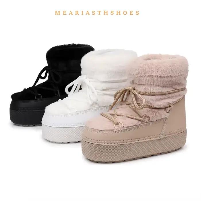 Bottes de neige à plateforme de 4.5cm pour femmes, plates, souples et confortables, bottines imperméables en cuir PU pour femmes, bottes de Ski noires et blanches