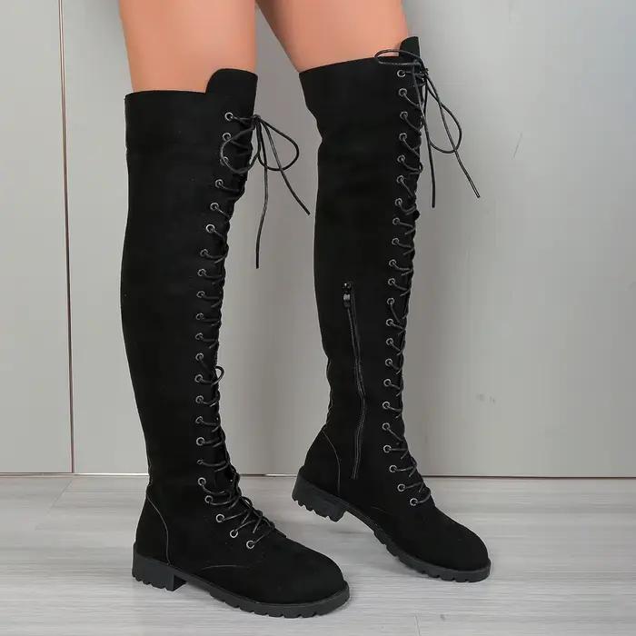 Bottines hautes en velours à bout rond et plat avec boucle talon carré confortables couleur unie pour femme occasions spéciales printemps automne