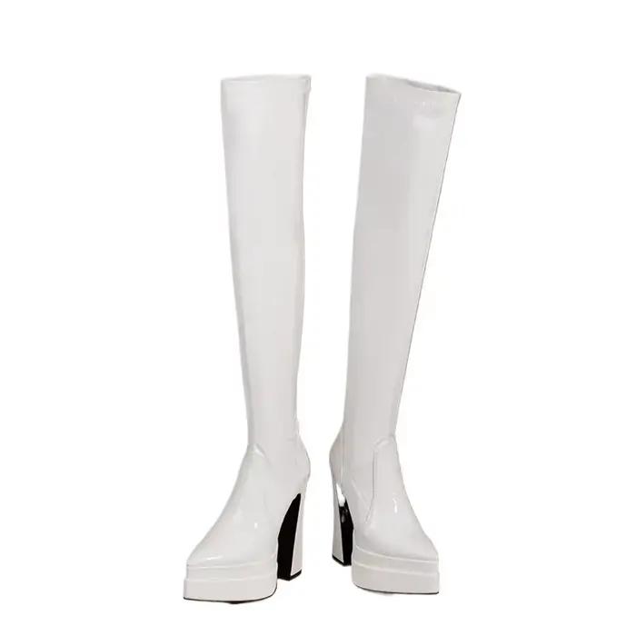Bottes au dessus du genou femmes blanc noir bout pointu en cuir verni Club talons aiguilles plate-forme cuissardes