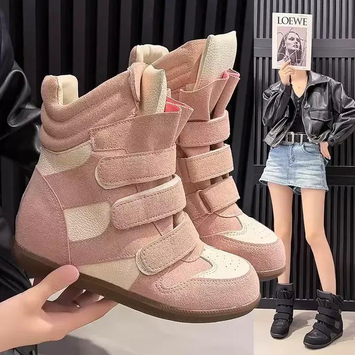 Bottines pour femmes 2026, nouvelles baskets en cuir à plateforme haute, talons compensés de 8 cm, chaussures à bout haut et semelle épaisse en daim.