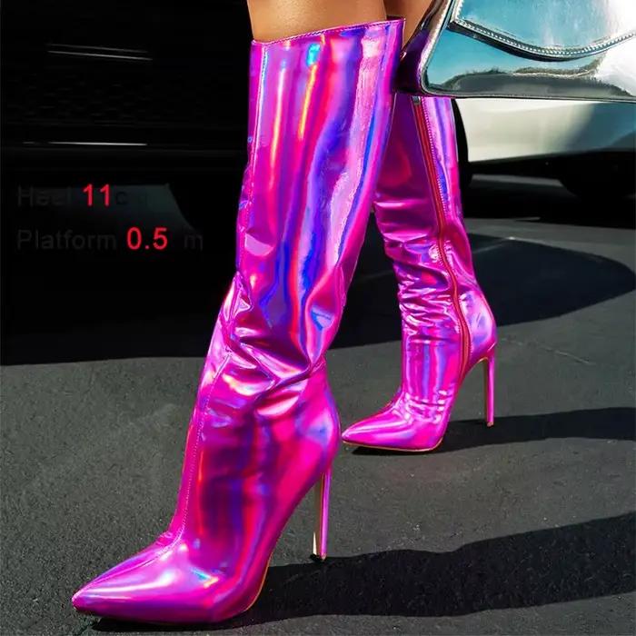 Bottes mi-mollet pour femmes, fermeture éclair latérale, document proxy, talons hauts fins, chaussures pour dames, violet, laser, brillant, PU, pointu, Parker, bottes courtes