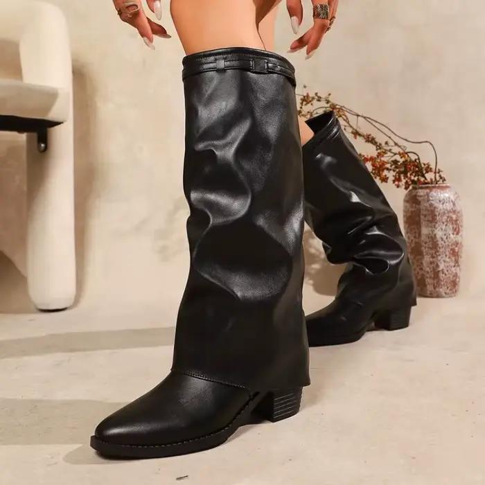 Bottines à talons hauts à la mode avec détails métalliques, bottes hautes pour femmes, style britannique, bout pointu, semelle en caoutchouc, automne-hiver
