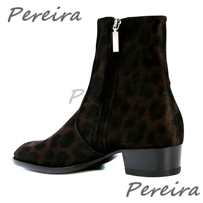 Bottines Chelsea en crin imprimé léopard pour hommes, bottines rétro en cuir véritable avec fermeture éclair et talon moyen, chaussures montantes pour automne et hiver