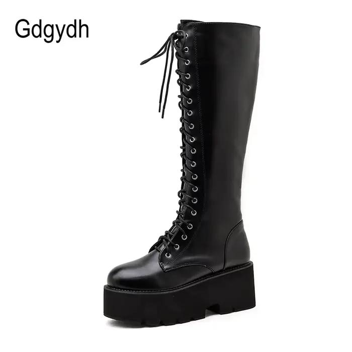 Gdgydh – bottes hautes en cuir Pu à talons épais pour femme