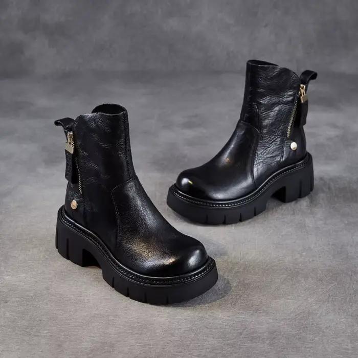 Bottines à talons hauts épais pour femmes, Style britannique, faites à la main, Design de luxe rétro, bottes à plateforme en cuir véritable de vache avec fermeture éclair