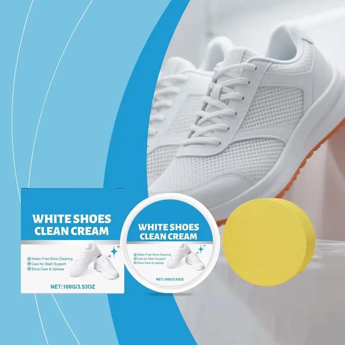 Crème Nettoyante Blanche pour Chaussures 100g Anti-Jaunissement et Détachant avec Éponge – Kit de Nettoyage pour Bottes, Chaussures en Cuir, Maille, Caoutchouc et Toile