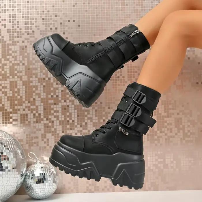 Nouvelles Bottes de Cheville Moto Plateforme Bout Rond Hauteur Augmentante à Lacets Mode Concise pour Femmes Occasions Spéciales