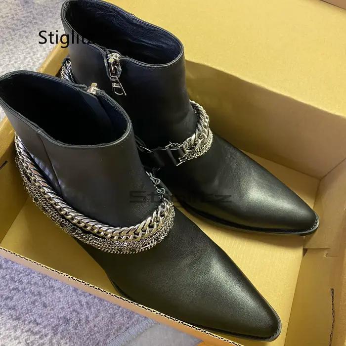 Bottes à chaîne en cuir véritable noir pour hommes