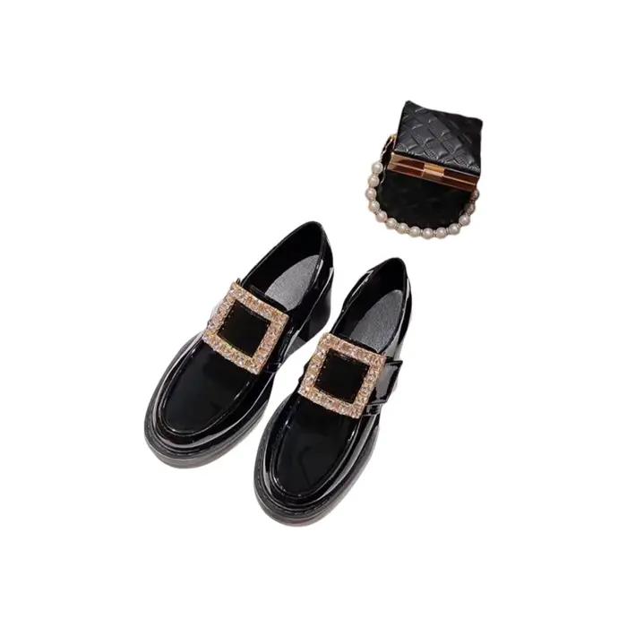 Mocassins à talon épais pour femmes, style britannique, ornés de diamants, avec boucle carrée, chaussures hautes JK, collection printemps, promotion de la saison