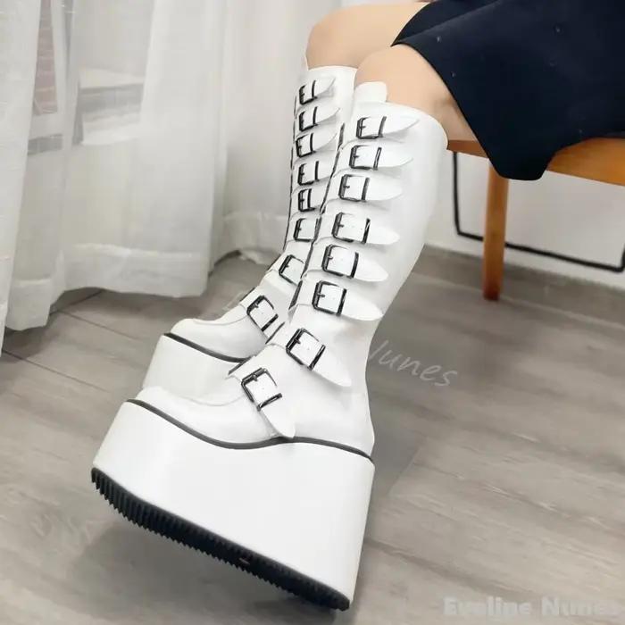 Bottes à Plateforme Argentée Compensées au Genou pour Femme