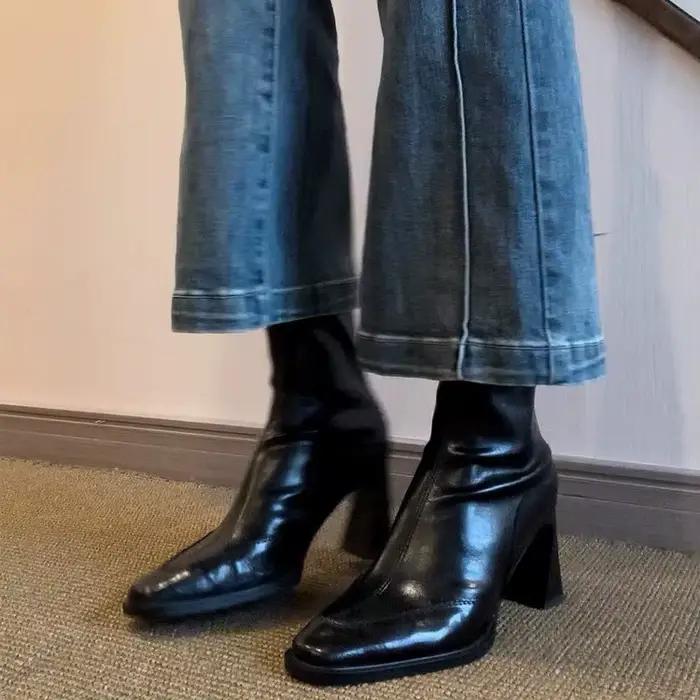 Bottines élégantes et fines à bout carré, talon épais, talon haut, super stylées, bottines courtes élastiques, style coréen polyvalent, bottes d'hiver