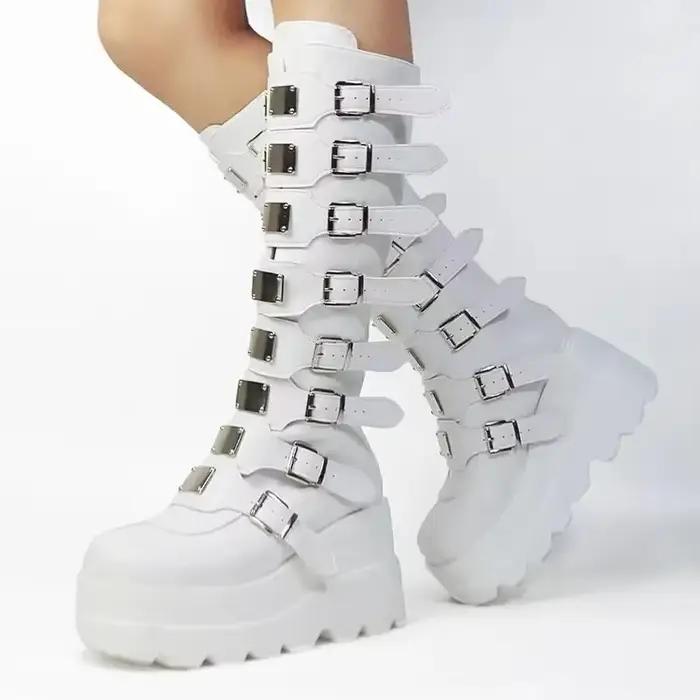 Bottes longues pour femmes chaussures gothiques plate-forme genou bottes hautes Punk noir Sexy motos bottes nouveau Halloween Cosplay femmes chaussures