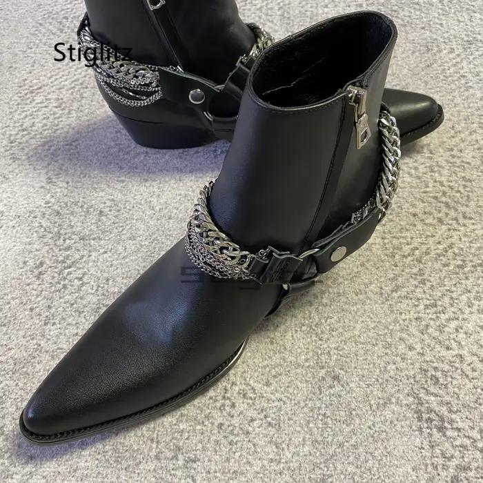 Bottes à chaîne en cuir véritable noir pour hommes