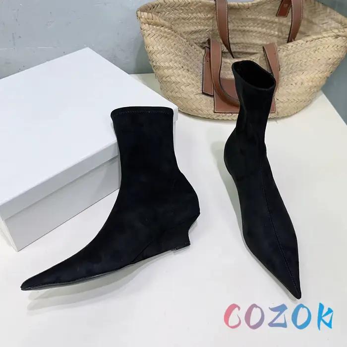 Bottines sexy en cuir rose nude à bout pointu, talon compensé, élastiques, fines, pour femmes, chaussures habillées en cuir véritable de haute qualité, bottines à la cheville pour toutes les saisons