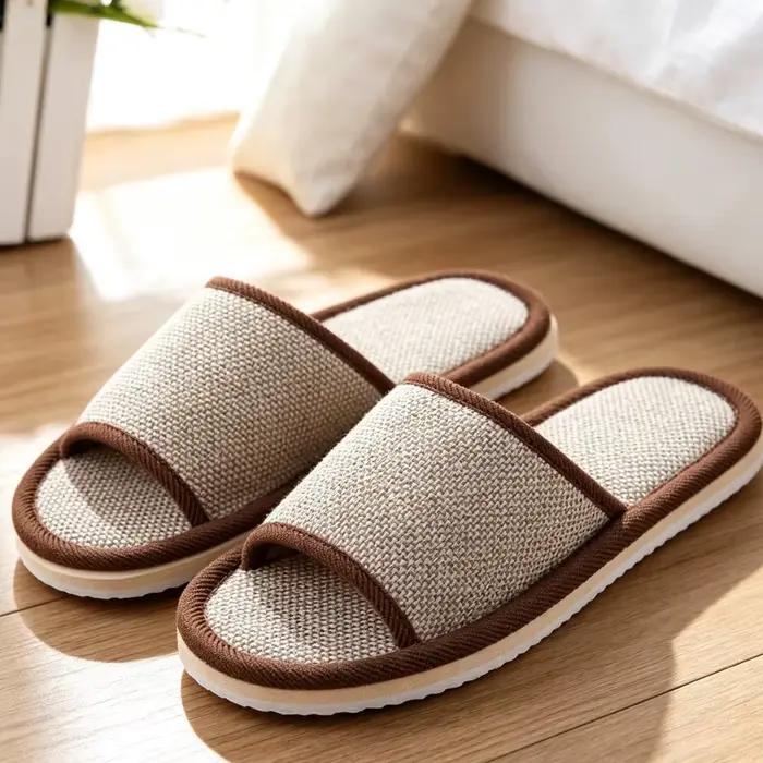 Chaussons d'intérieur en lin à bout ouvert pour femmes et hommes, respirants, légers et confortables, chaussures décontractées à enfiler