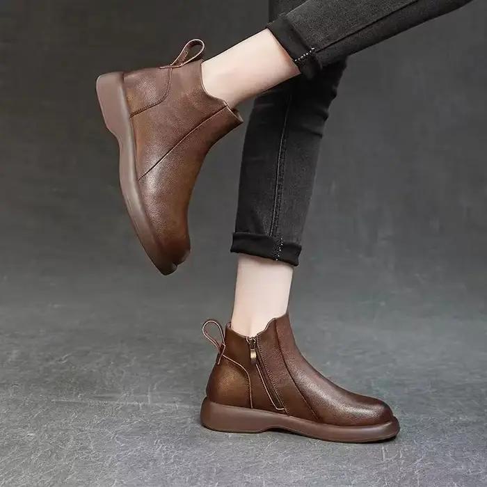 Bottines en cuir à bout rond pour femmes