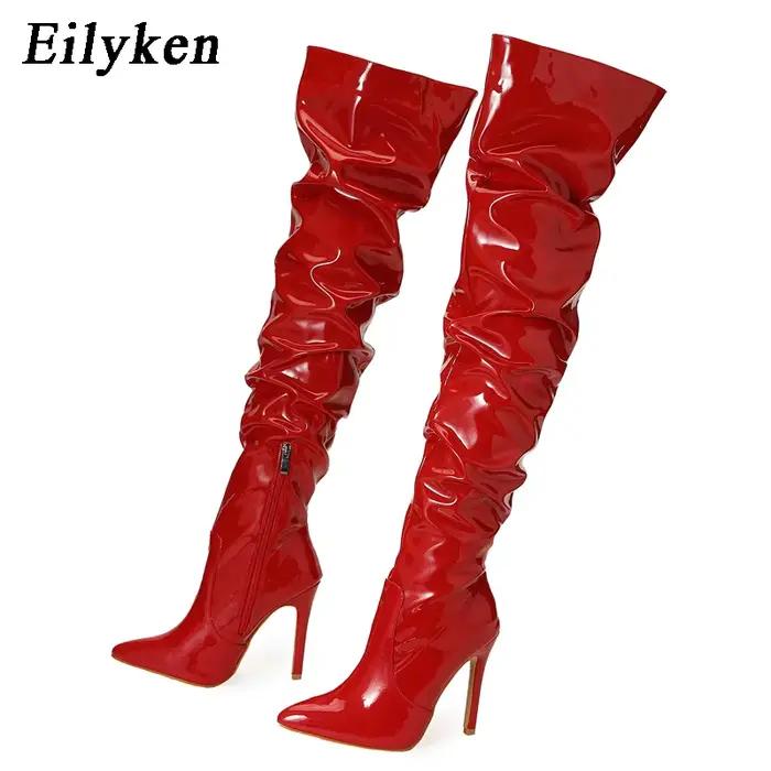 Cuissardes Eilyken en cuir verni avec talon fin et fermeture éclair latérale pour femmes, disponibles en rouge et autres couleurs, au-dessus du genou, pour hiver et occasions spéciales