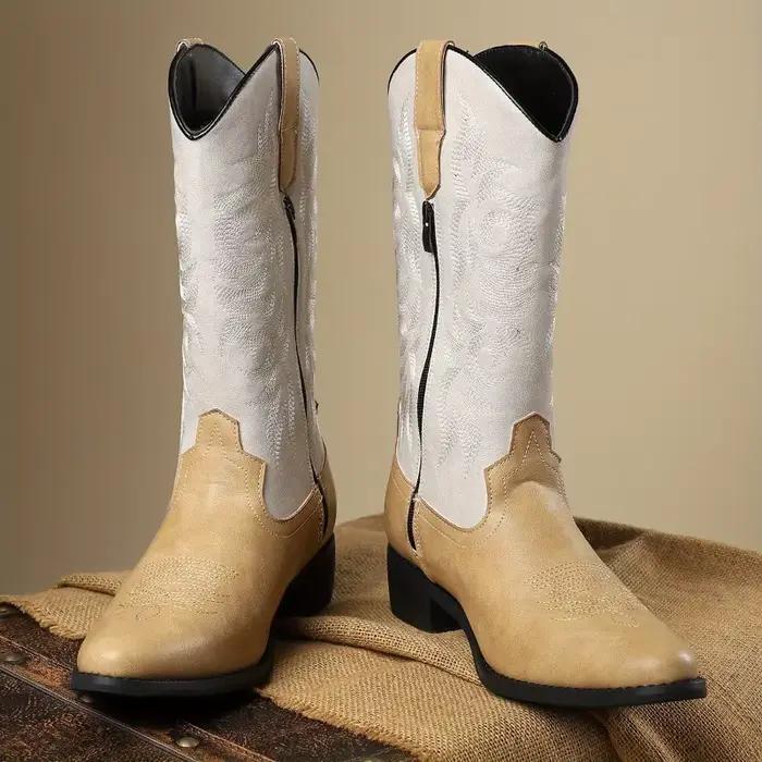 Bottes de Cowboy occidentales pour hommes, bottes pointues mi-mollet, bottes de chevalier rétro brodées pour hommes, bottes de luxe en cuir Botas Hombre