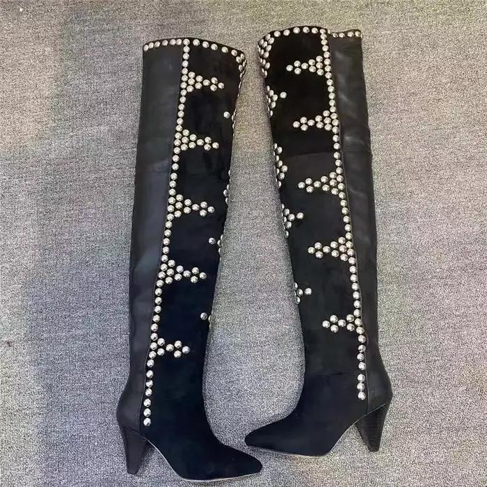 RiSALE-Cuissardes à talons hauts pour femmes, bottes longues cloutées, patchwork de cuir floqué, parka pointue, bottes de piste, noir, beige