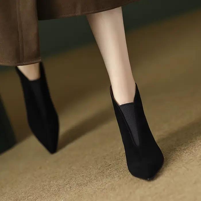 Bottines FHC Nubuck Flock pour femmes, bottines à talons hauts, chaussures automne/hiver, bottes à bout pointu, forme en V profonde, noir, marron, livraison directe