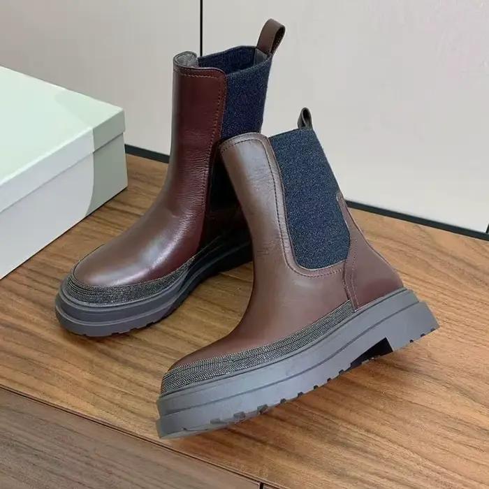 Femmes en cuir véritable talon épais semelle épaisse bottes courtes bout rond chaîne perle décor bande élastique