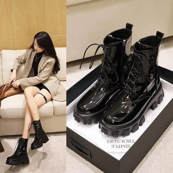 Femmes bottes en cuir verni plate-forme chaussures marque cheville mode