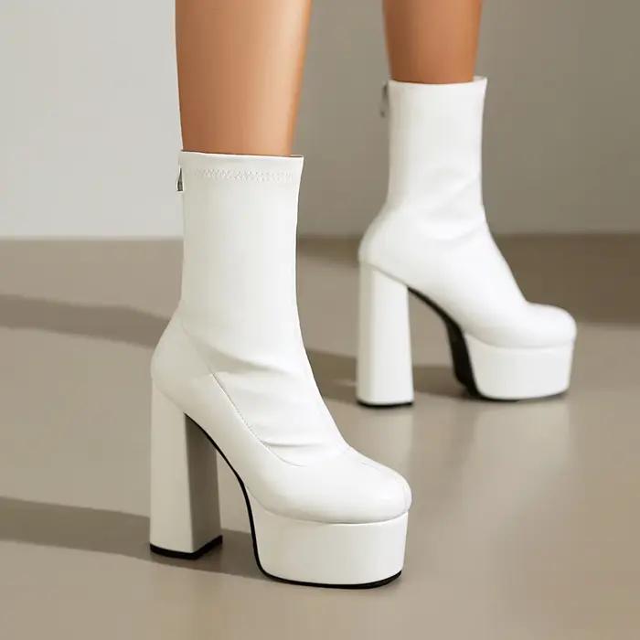 Bottines à plateforme avec fermeture éclair au dos pour femme, or brillant, argent métallique, talons hauts et épais, robe blanche, bottes courtes extensibles pour l'hiver