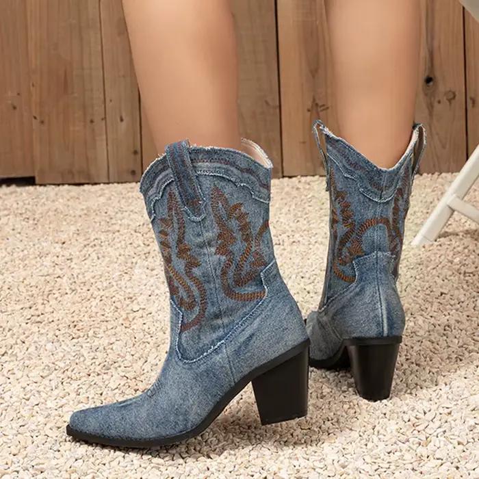 Bottes vintage femmes Liyke broderie denim talons de sabot élégantes pour soirée gala et événements de charité ocasions spéciales