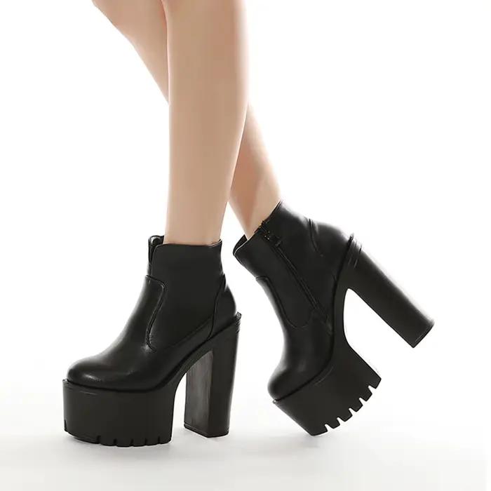 Gdgydh femmes couleur unie bloc bottes à talons mode côté fermeture éclair plate-forme bottes courtes confortable Faux cuir talons hauts pompes