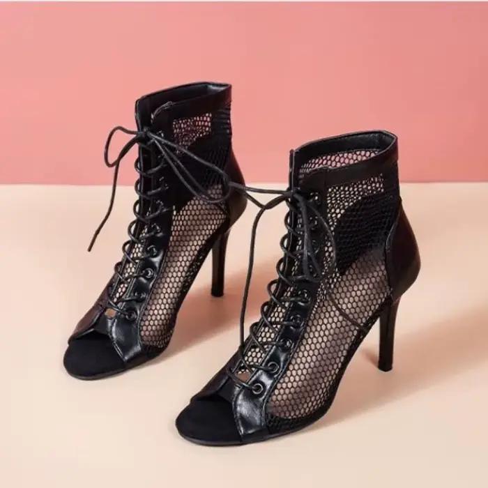 Bottines d'été noires à talons hauts pour femmes, escarpins en daim à bout ouvert et à lacets, chaussures de danse Jazz pour dames, grande taille, 2025