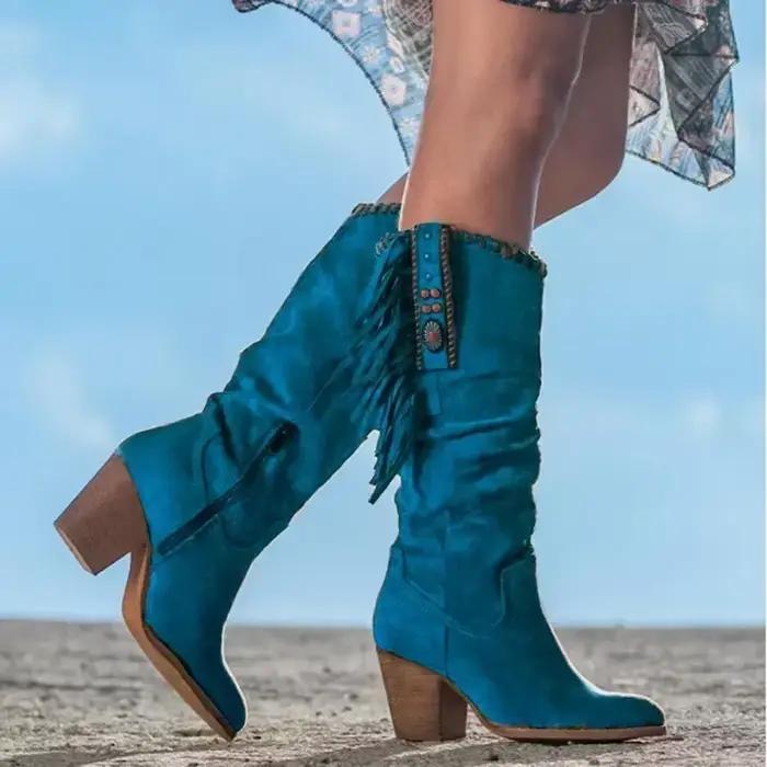 Femmes bottes hautes tendance rétro boucle en métal bout pointu talon épais gland Western Cowboy