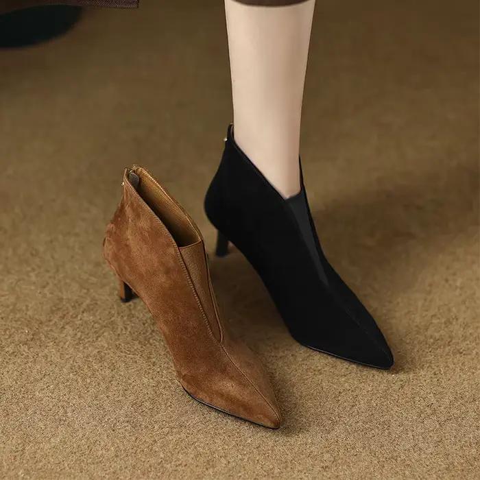 Bottines FHC Nubuck Flock pour femmes, bottines à talons hauts, chaussures automne/hiver, bottes à bout pointu, forme en V profonde, noir, marron, livraison directe