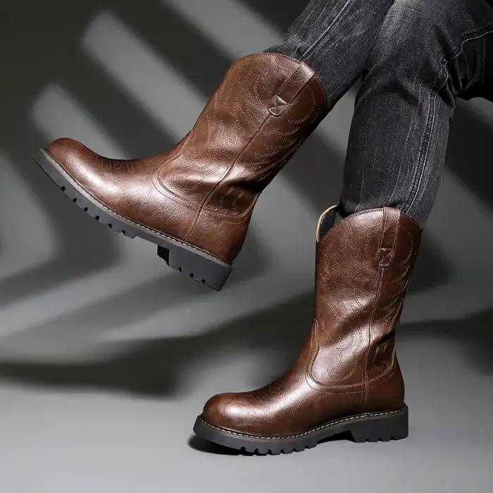 Bottes de chevalier vintage en cuir antidérapantes pour hommes, mi-mollet, talons en forme de fer à cheval, haute tige, printemps automne hiver, style éthnique, occassions spéciales, randonnées équestres, cadeaux mémorables