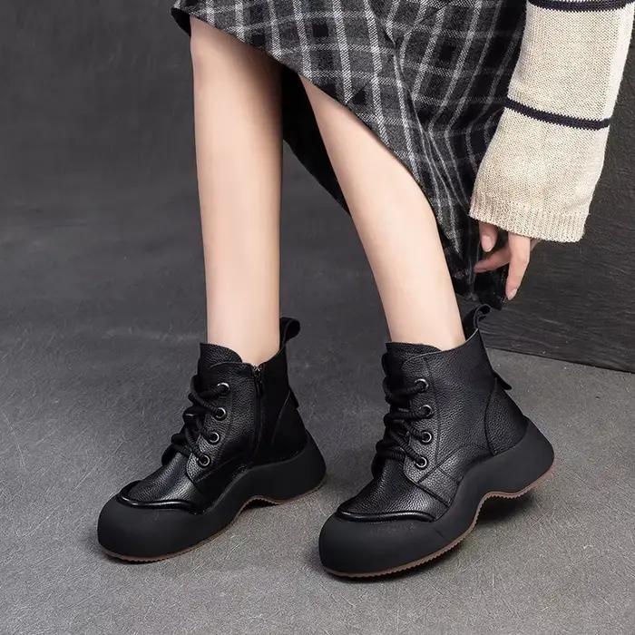 GKTINOO – bottes courtes en cuir véritable pour femmes, chaussures décontractées à plateforme plate, baskets confortables à semelles épaisses, nouvelle collection automne hiver 2026