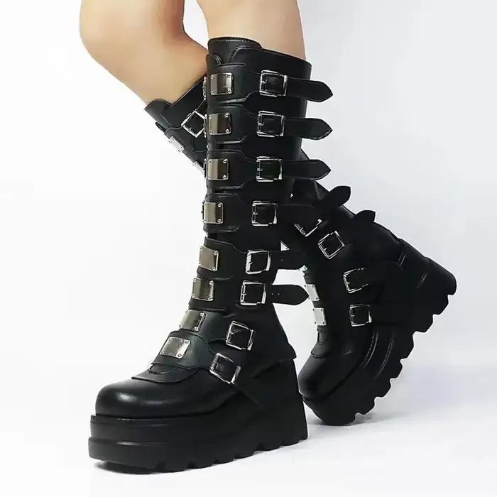 Bottes longues pour femmes chaussures gothiques plate-forme genou bottes hautes Punk noir Sexy motos bottes nouveau Halloween Cosplay femmes chaussures