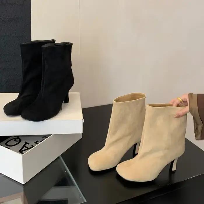 Eilyken Style de rue plissé bout rond femmes bottines talons fins chaussures hiver concis Chelsea court Botas Mujer