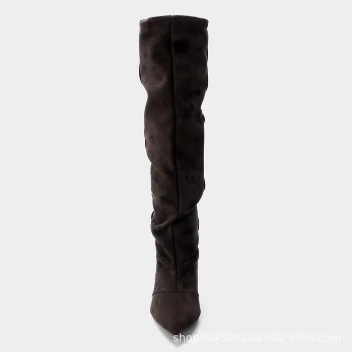 Élégant marron plissé concepteur daim genou-bottes femmes Sexy bout pointu chaton talon bottes longues hiver confortable femmes chaussure
