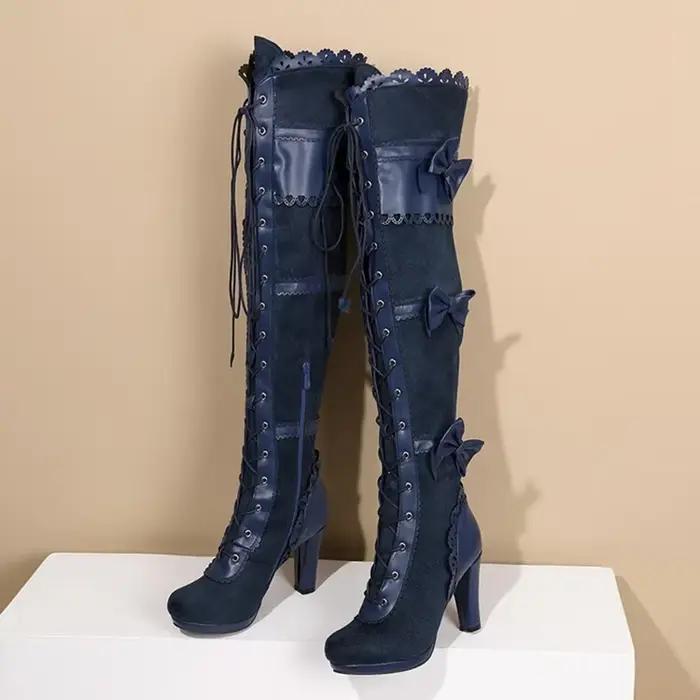 Zapatos De Mujer genou bottes hautes femmes mode Zip croix attaché arc automne hiver fête cuissardes plate-forme chaussures A-0420