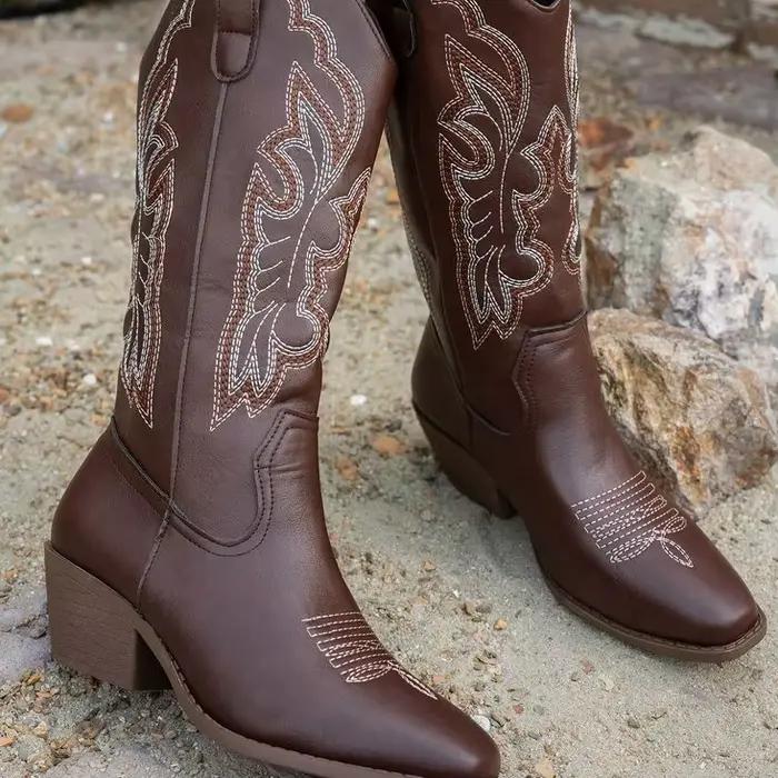 Bottes de cow-boy pour femmes, bottes de combat vintage, à talon épais et bloc, bout pointu, talon haut, hauteur genou, style cowgirl
