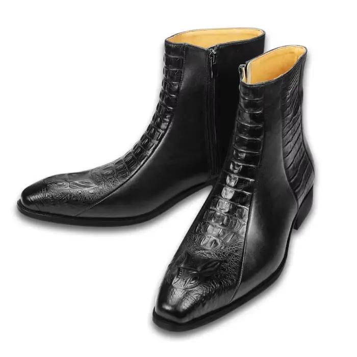 Bottes en cuir de vache véritable avec fermeture éclair gravée pour hommes