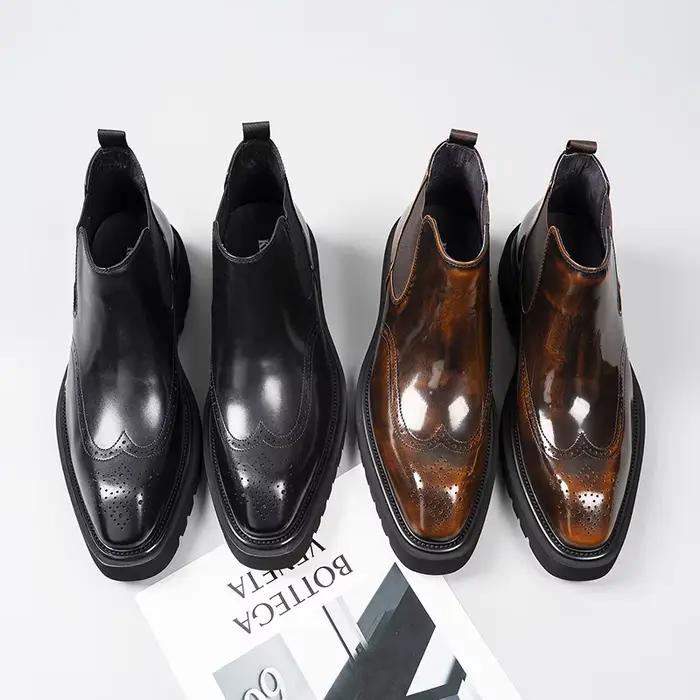 Bottes montantes élégantes en cuir pour hommes, chaussures de qualité supérieure faites à la main de Style britannique au Design sculpté