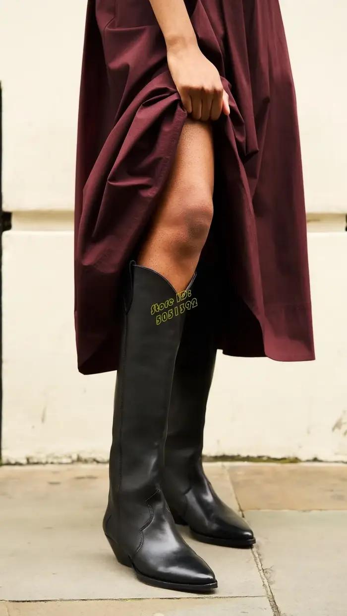 Bottes hautes en daim noir à talon carré, bout pointu sexy, talon moyen, faites à la main, style western cowboy, en cuir noir, Nouveautés