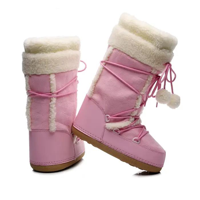 Bottes d'hiver blanches pour femmes, bottes de neige à semelle épaisse, bottes de Ski chaudes à plateforme mi-mollet, chaussures antidérapantes en coton, couleur rose