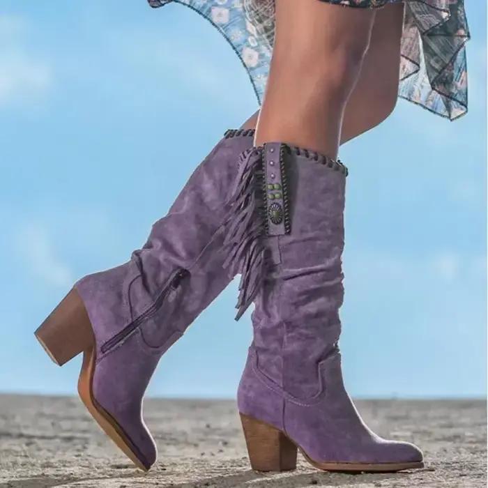 Femmes bottes hautes tendance rétro boucle en métal bout pointu talon épais gland Western Cowboy