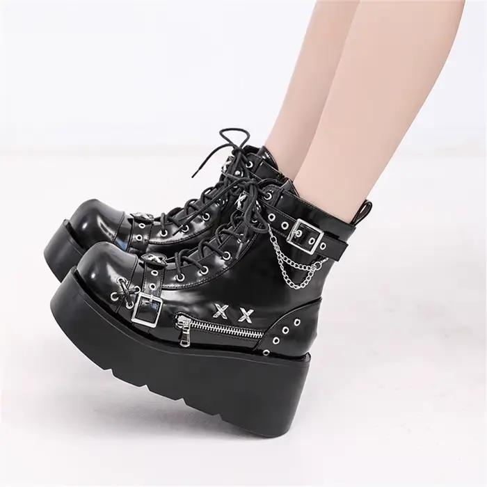 Nouvelles Bottes Gothiques à Plateforme pour Femmes, Style Punk avec Boucles, Fermetures Éclair et Rivets, Talons Compensés Hauts, Chaussures de Soirée et de Rue pour Femme