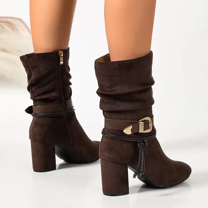 Bottes mi-mollet pour femme en cuir marron foncé avec talons hauts épais