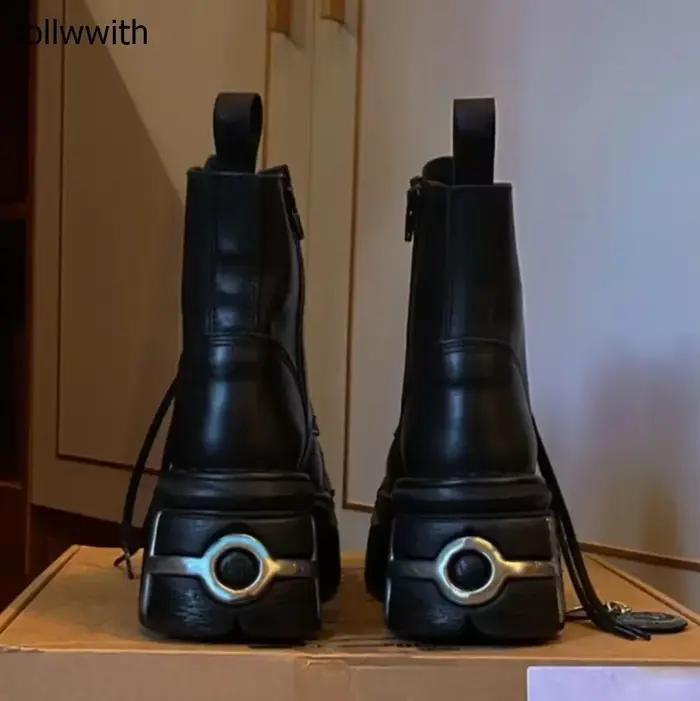 Boucle en métal talon compensé bottes à lacets à semelles épaisses femmes
