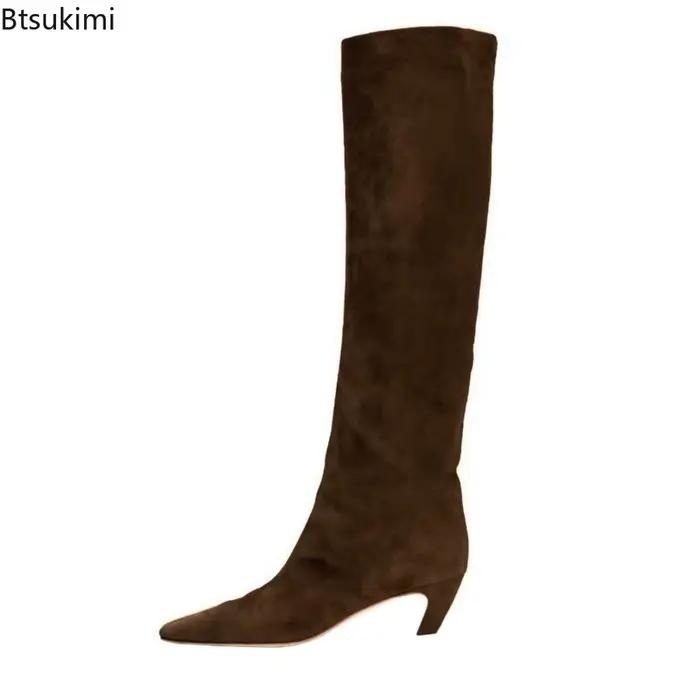 Femmes Sexy marron daim bout pointu mi-mollet bottes mode chaton Med talons sans lacet haut longues chevalier